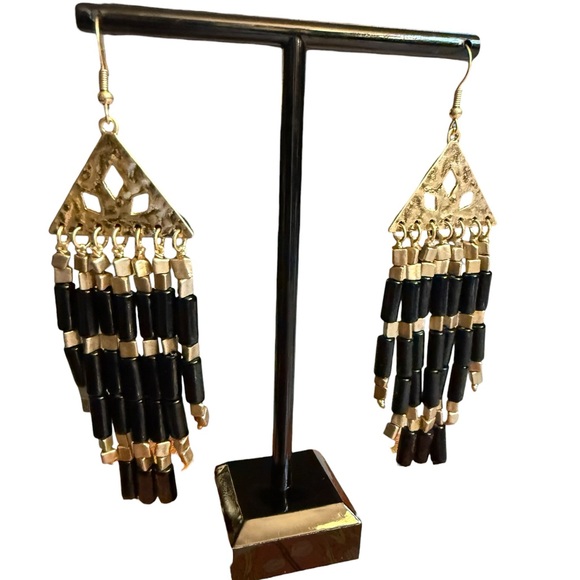 Plunder Jewelry - Plunder Gold and Black Beaded Fringe Earrings